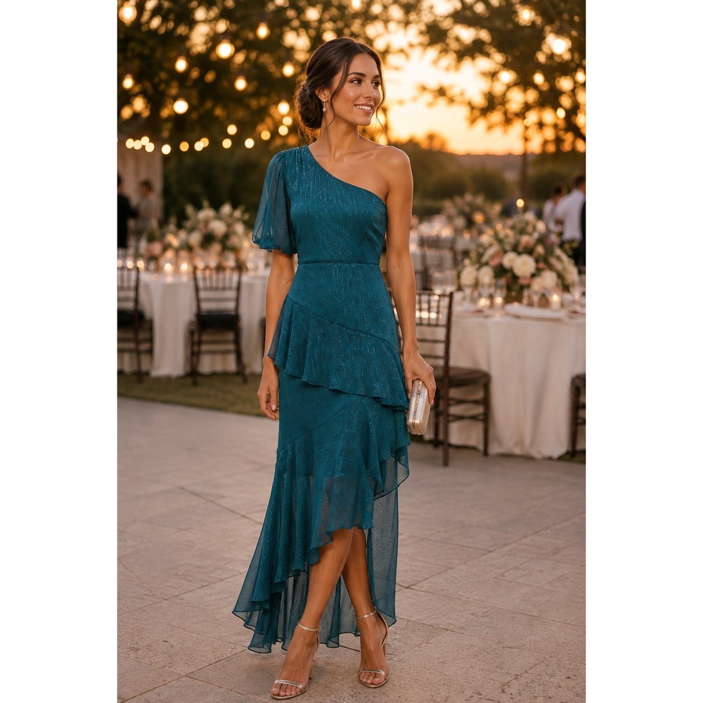 NWT Floret Studios Teal One Shoulder Midi Dress Chiffon Tiered Ruffle M